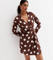 New Look Brown Spot Collared Long Sleeve Mini Wrap Dress